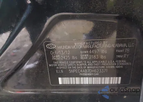 2013 Hyundai Sonata Limited 2.0T z USA, uszkodzony, nr VIN 5NPEC4AB7DH623371